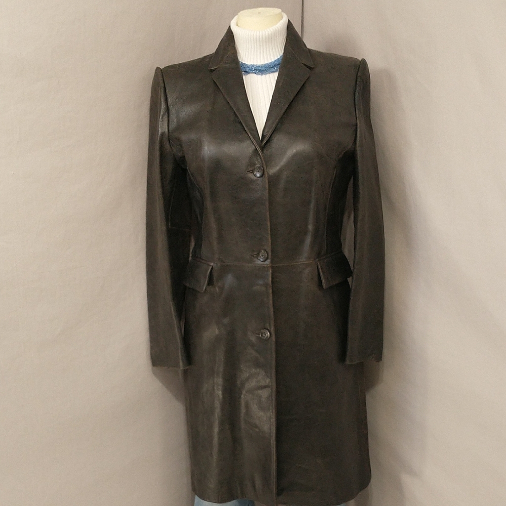 Leather Dark Brown Coat 40" Long Classic Trench Style LG 12 See Measurements - Picture 1 of 10